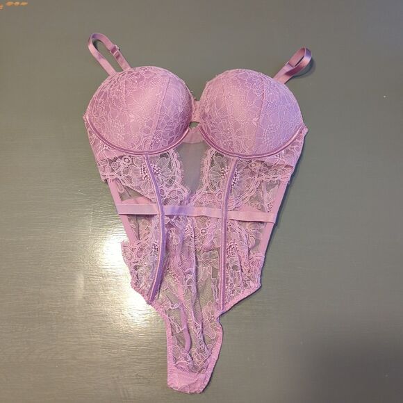 Victorias Secret Very Sexy Bombshell Teddy Fishnet Floral XL Purple Push Up - Picture 1 of 7